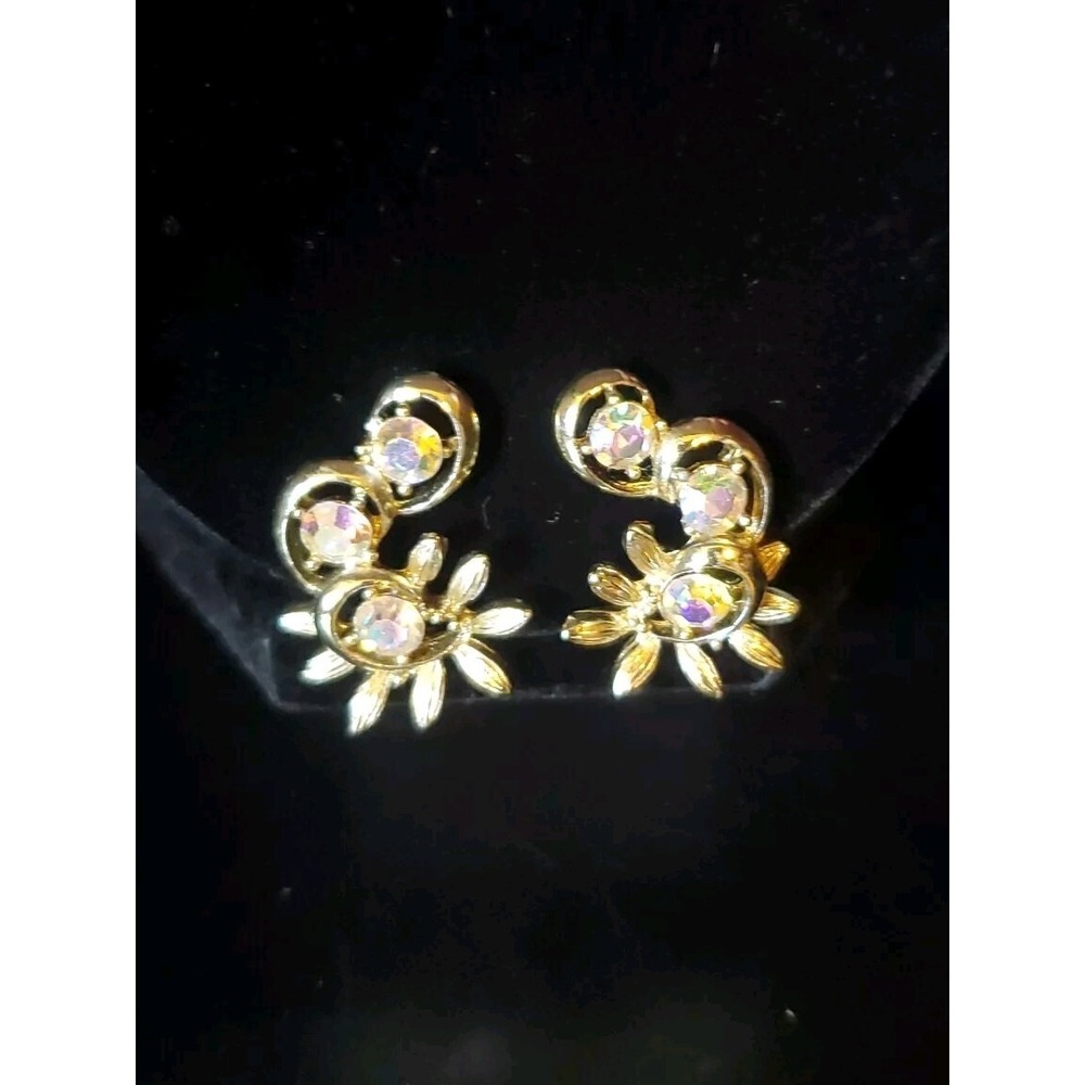 Vintage Gold Toned Signed BSK Clip On Earrings With Aurora Borealis Stones. 1"